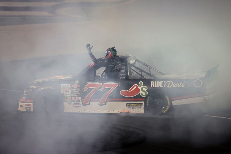 Carson Hocevar celebrates with a burnout at Texas.