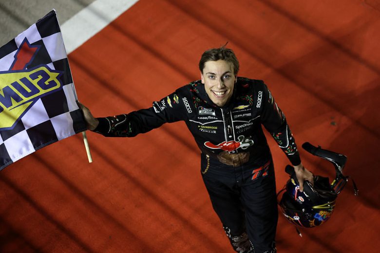 Carson Hocevar celebrates after winning at Texas.
