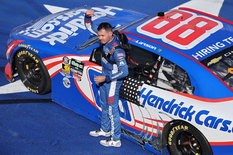Kyle Larson celebrates after winning at Texas.