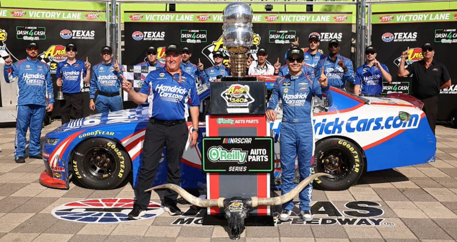 Kyle Larson celebrates in Victory Lane at Texas.
