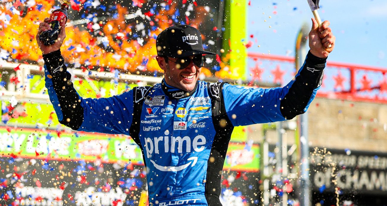 Chase Elliott celebrates in Victory Lane at Texas Motor Speedway.