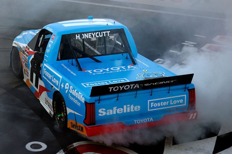 Kaden Honeycutt does a burnout at Watkins Glen.
