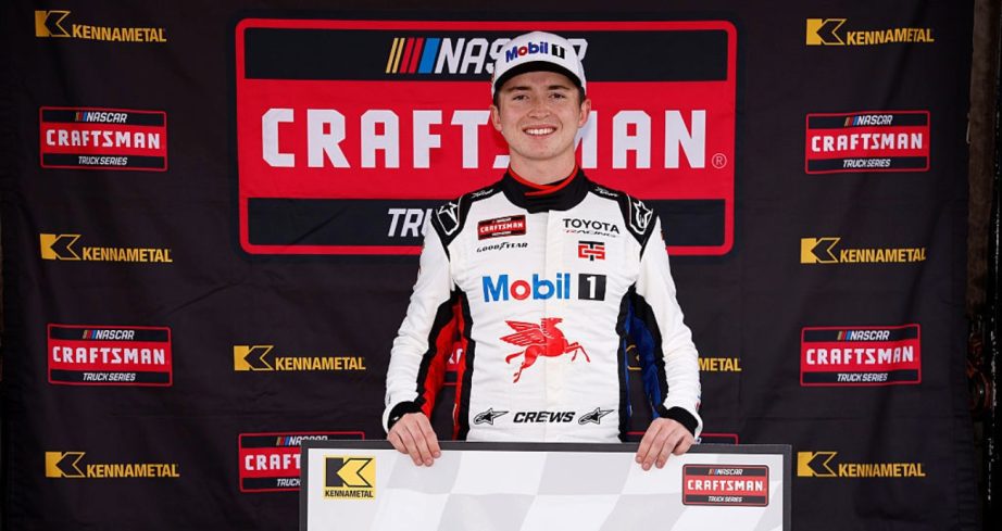 Brent Crews celebrates after winning the pole at Watkins Glen.