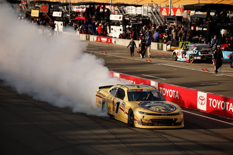 Connor Zilisch does a burnout at Watkins Glen.