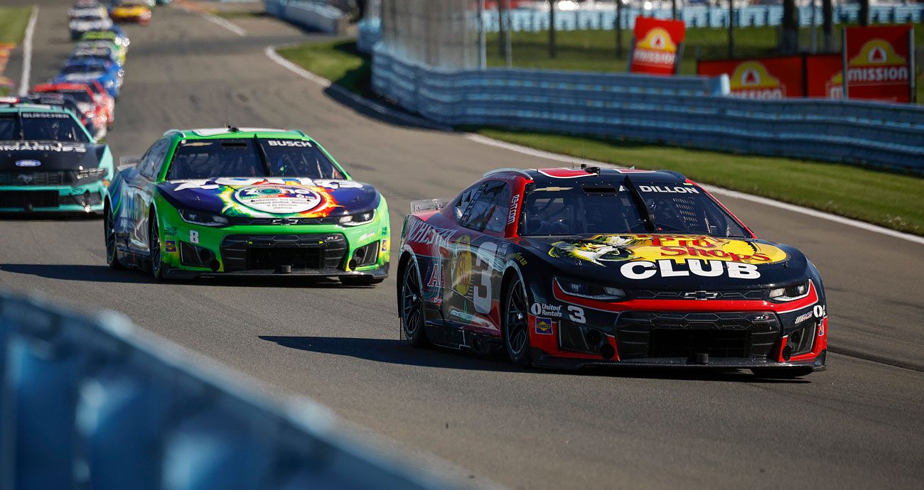 Austin Dillon and Kyle Busch race at Watkins Glen.