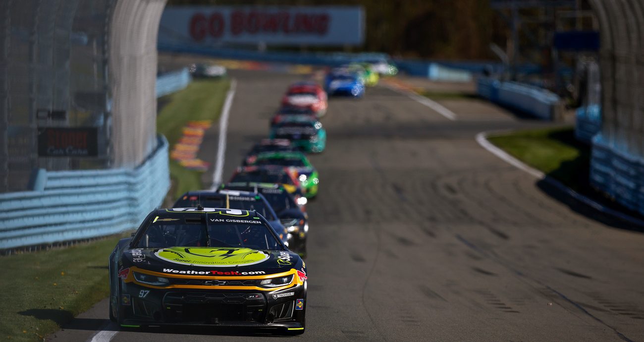 Shane van Gisbergen leads a pack of drivers down a stretch at Watkins Glen International during the Cup Series race on May 10, 2026.