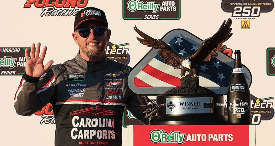 Justin Allgaier celebrates in Victory Lane at Pocono.