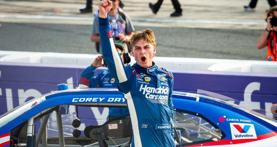 Day yells after winning Dover.