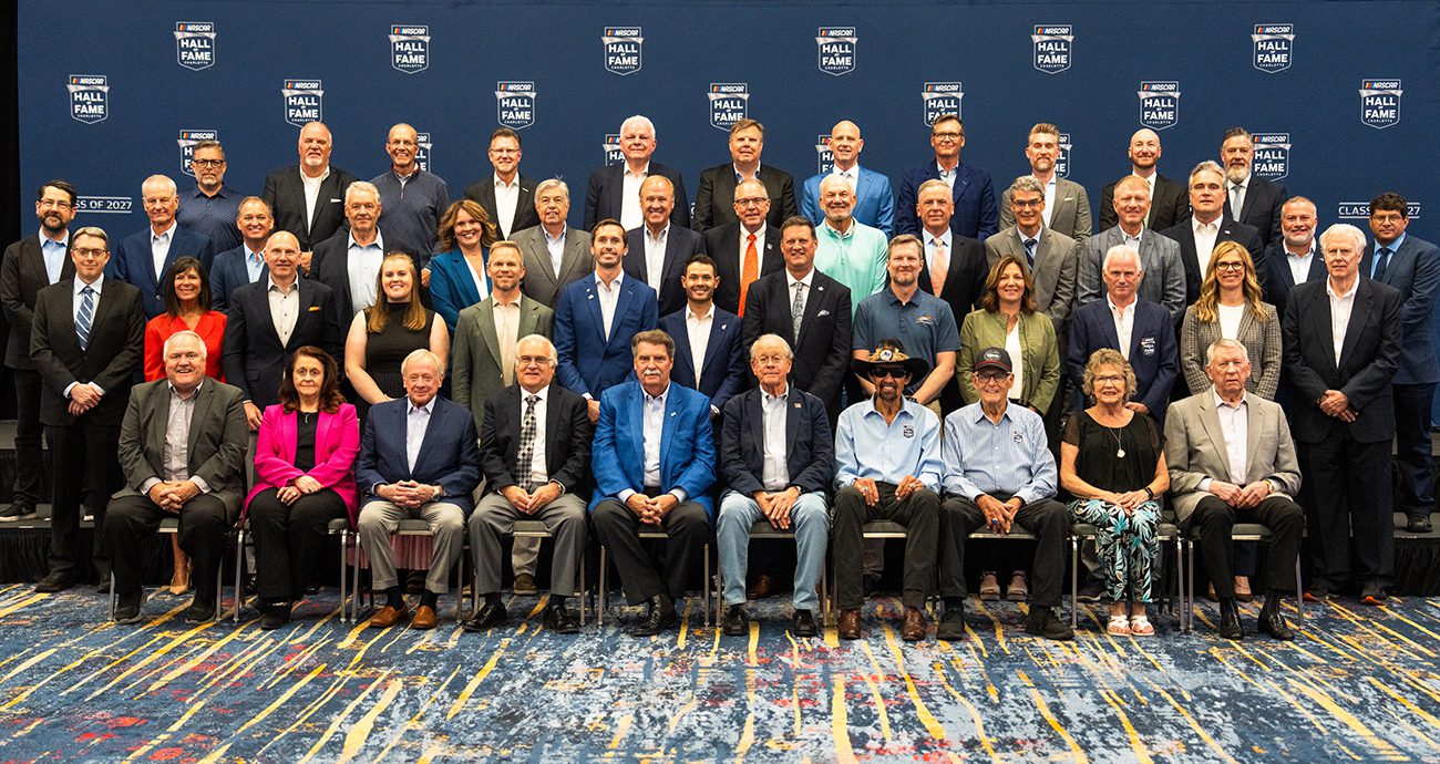 The voting panel for the NASCAR Hall of Fame Class of 2027 poses for a photo.