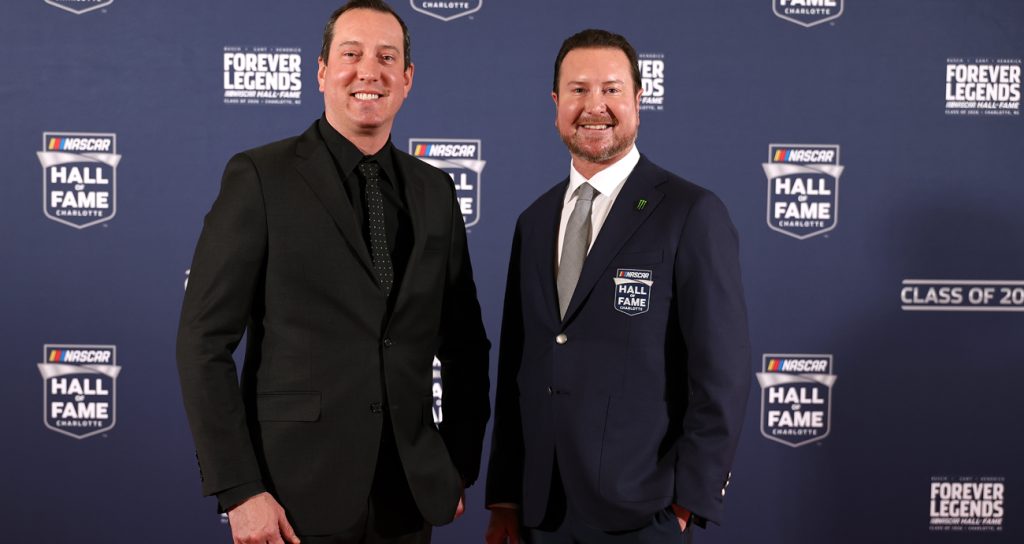 NASCAR Cup Series driver, Kyle Busch (L) and and brother, 2026 NASCAR Hall of Fame inductee Kurt Busch pose for photos on the red carpet before the NASCAR Hall of Fame Induction Ceremony at Charlotte Convention Center on Jan. 23, 2026 in Charlotte, North Carolina.