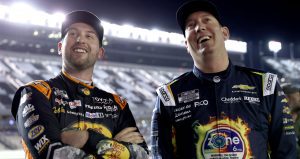 Chase Briscoe and Kyle Busch look on during NASCAR Cup Series qualifying at Daytona.