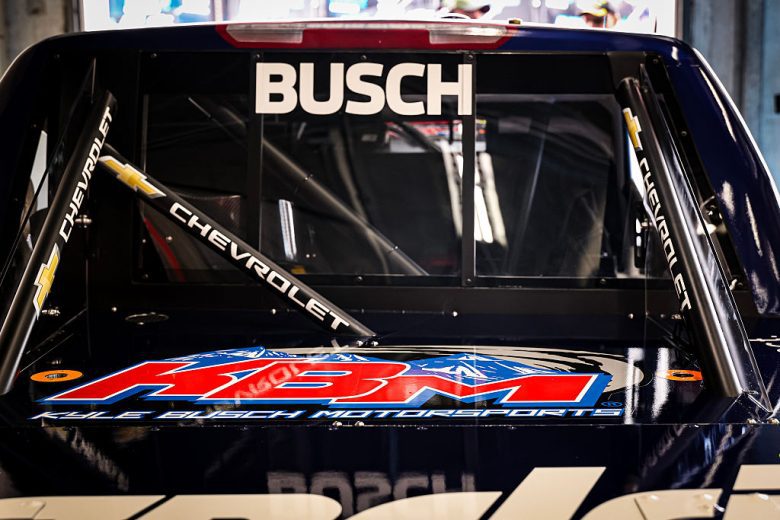 A general view of Kyle Busch's name on a truck.