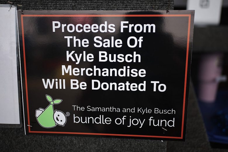 A general view of a sign for Kyle Busch merchandise.