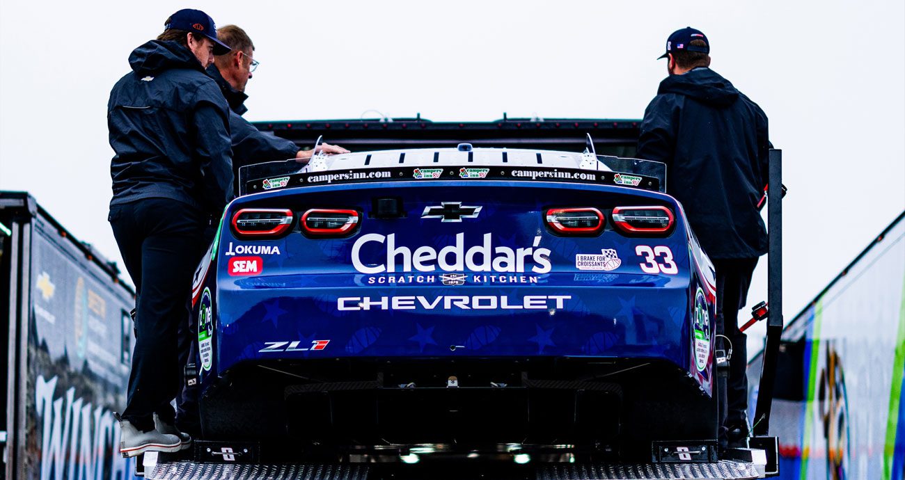The No. 33 Richard Childress Racing Chevrolet is lowered off the hauler at Charlotte.