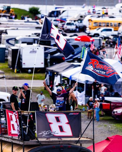 Fans cheer as Kyle Busch flags fly.