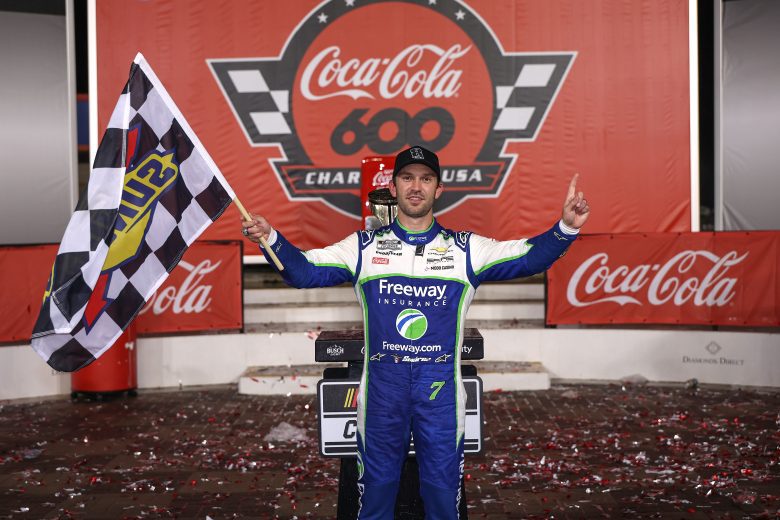 Daniel Suárez, driver of the No. 7 Freeway Insurance Chevrolet, celebrates in Victory Lane after winning the NASCAR Cup Series Coca-Cola 600 at Charlotte Motor Speedway on May 24, 2026 in Concord, North Carolina.