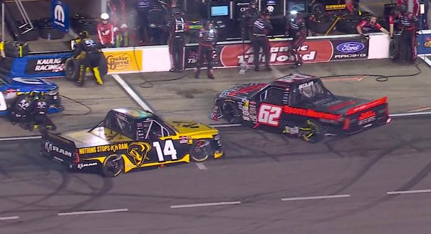 Retzlaff spins on pit road after contact from Tyrrell