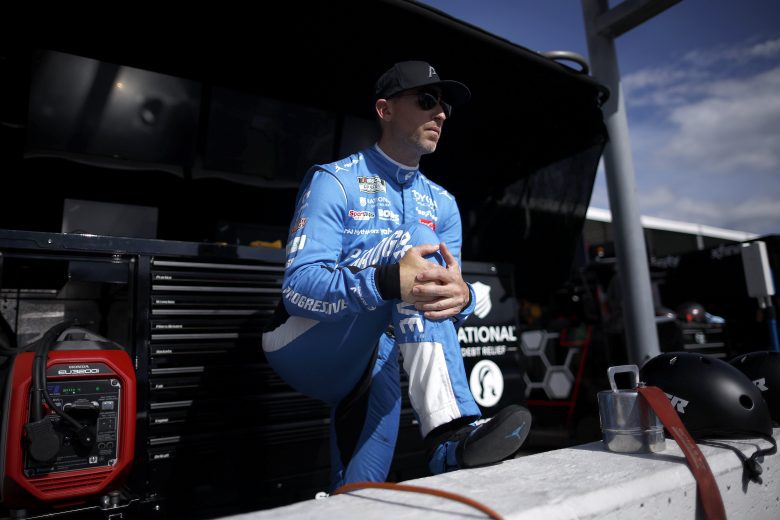 Denny Hamlin gets ready for Cup Series practice to begin at Nashville.