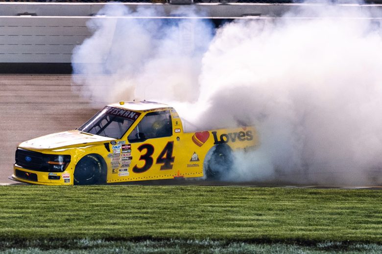 Layne Riggs does a burnout at Nashville.