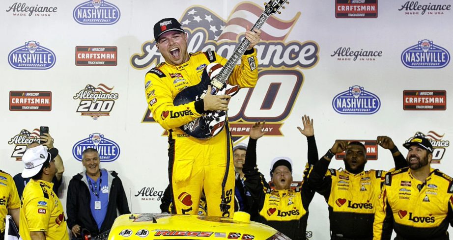 Layne Riggs celebrates in Victory Lane at Nashville.