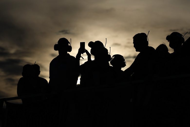 A general view of silhouetted NASCAR fans during the NASCAR O'Reilly Auto Parts Series race at Nashville Superspeedway.