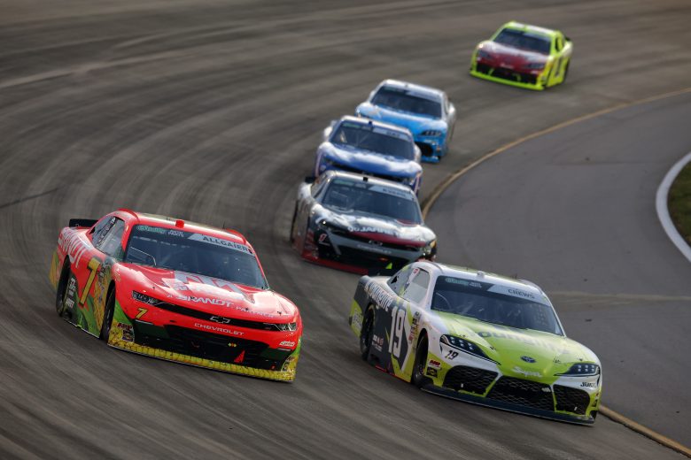 Justin Allgaier battles Brent Crews late in the race at Nashville. J
