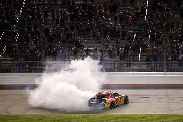 Justin Allgaier burns it down again, celebrating his fourth win of the 2026 season.