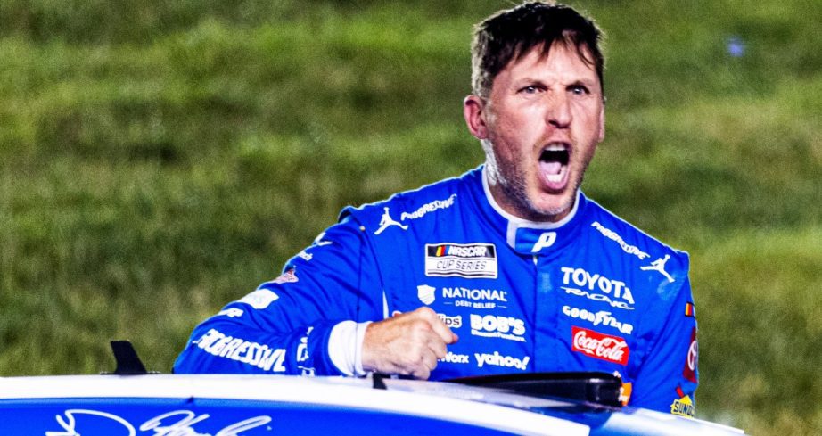 Denny Hamlin yells after winning at Nashville.
