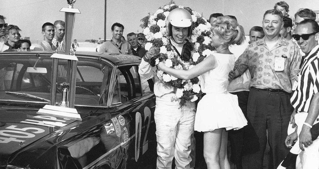 Roger Penske celebrates his only major stock-car win as he drove a Pontiac to victory in the NASCAR Pacific Coast Series race at Riverside International Raceway in 1963.