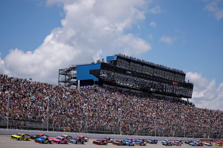 NASCAR Craftsman Truck Series trucks race at Michigan International Speedway.