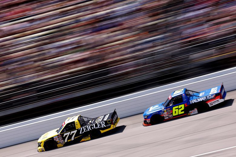 Carson Hocevar and Christopher Bell race in the Truck Series contest at Michigan International Speedway.