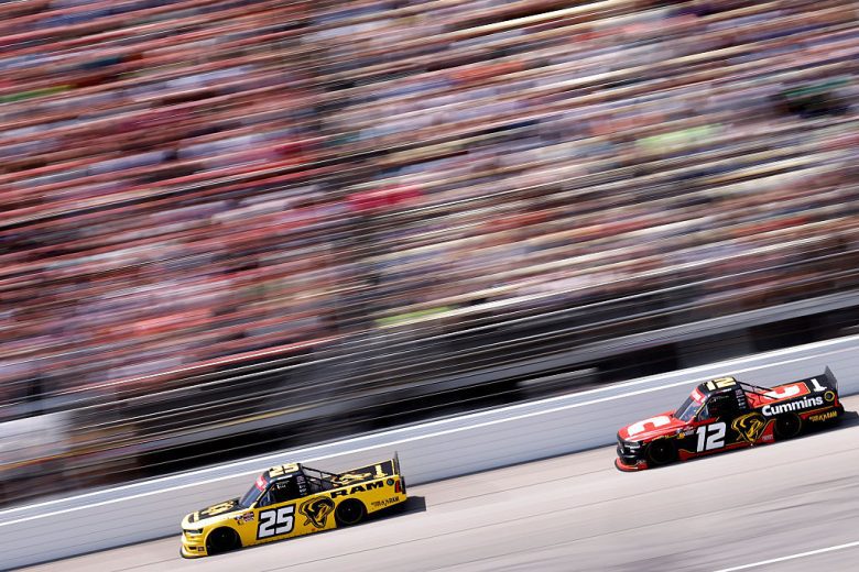 A pair of Kaulig Racing Rams race at Michigan International Speedway.