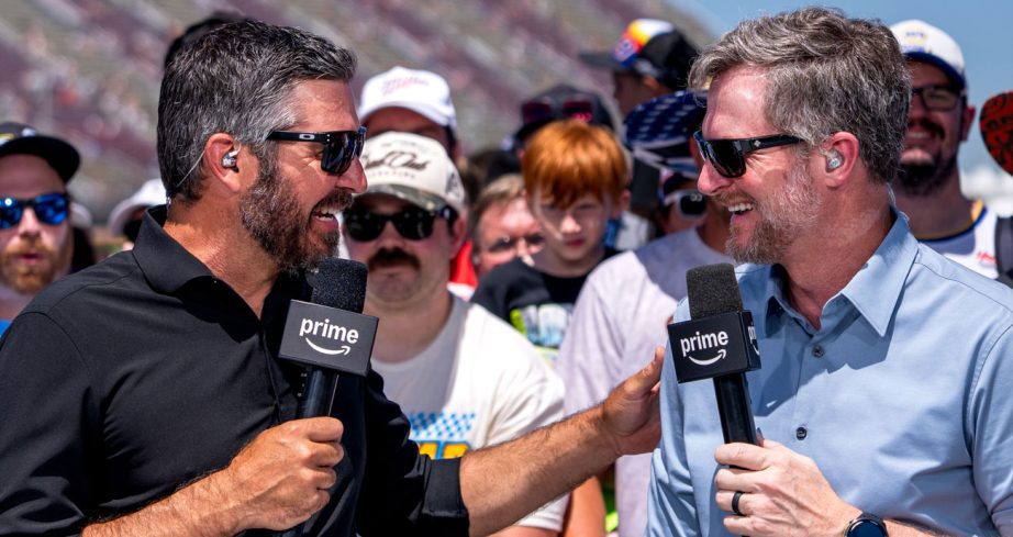 Martin Truex Jr. and Dale Earnhardt Jr. share a laugh on the Prime Video broadcast at Michigan.