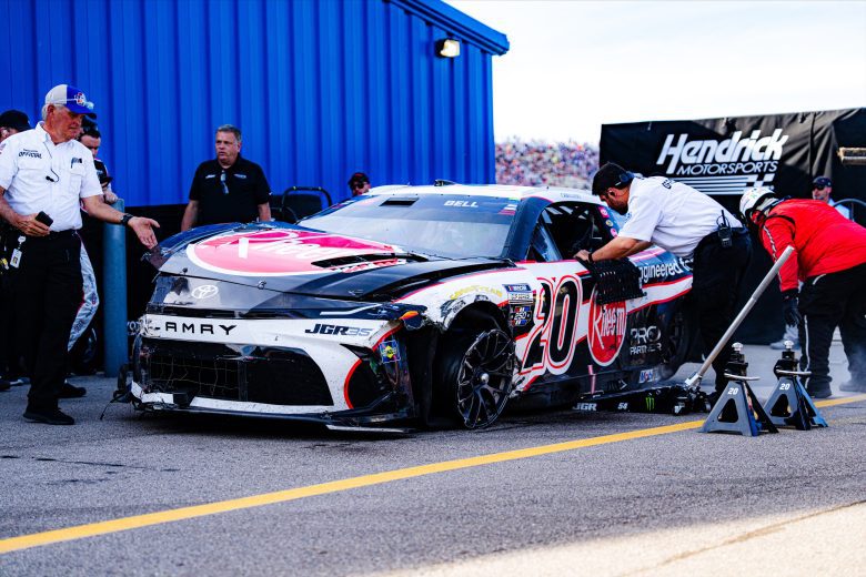 Damage to No. 20 car of Christopher Bell at Michigan.