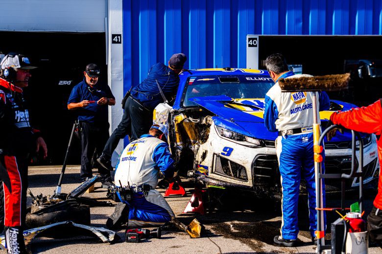 Damage to No. 9 car of Chase Elliott at Michigan.