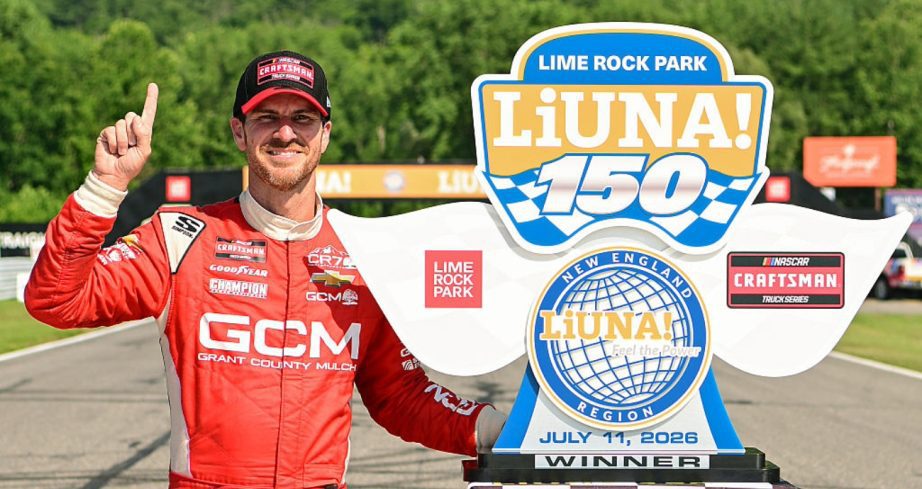 Grant Enfinger celebrates after winning at Lime Rock.