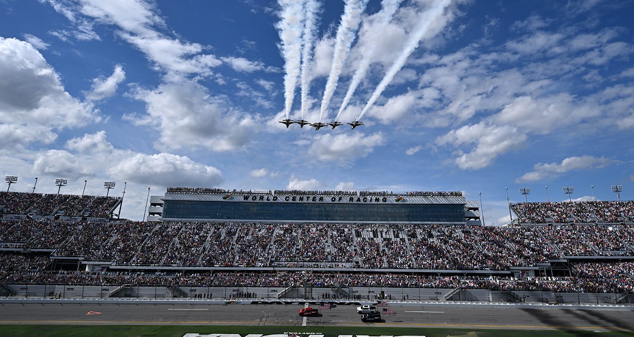 The US Air Force Thunderbirds complete a Daytona 500 flyover. 