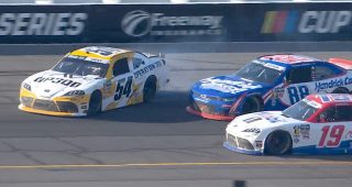 Promo Image for Late restart chaos results in Taylor Gray spinning