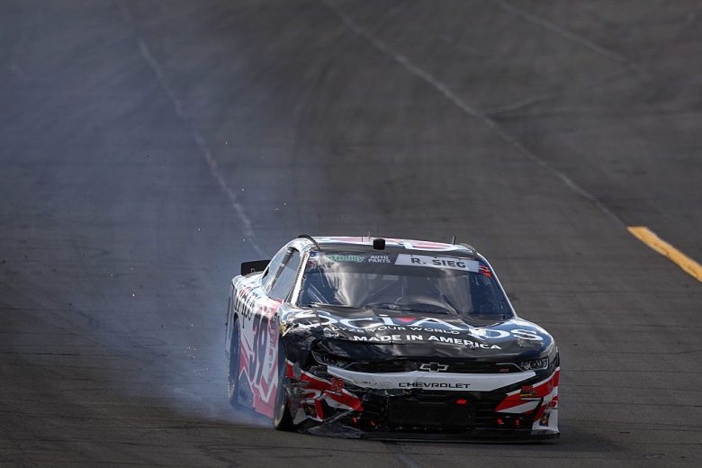 Ryan Sieg drives his damaged car at Pocono.