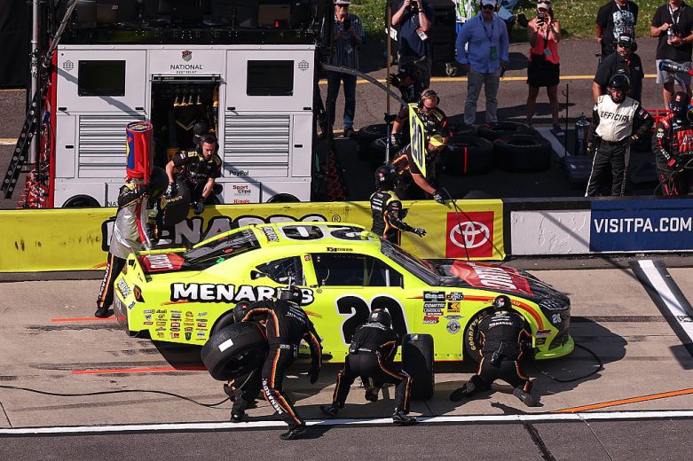 Brandon Jones pits at Pocono.
