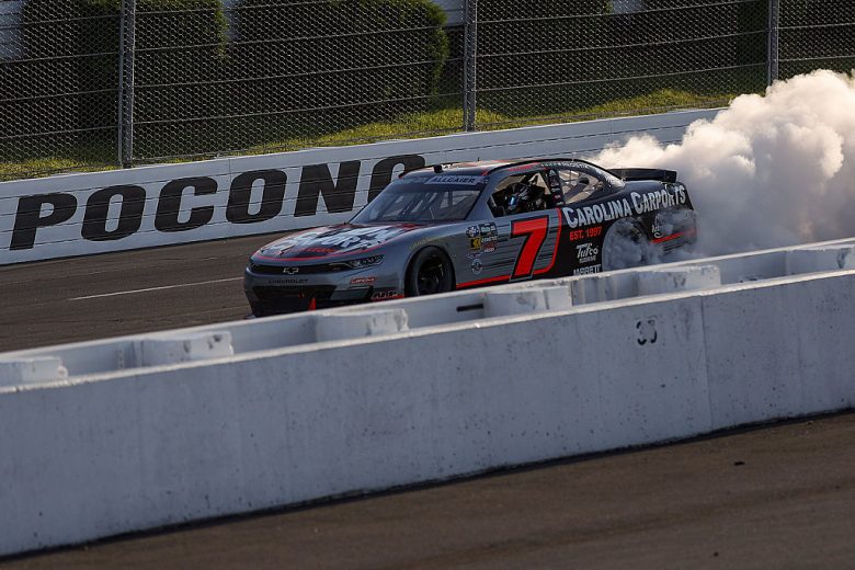 Justin Allgaier does a burnout at Pocono.
