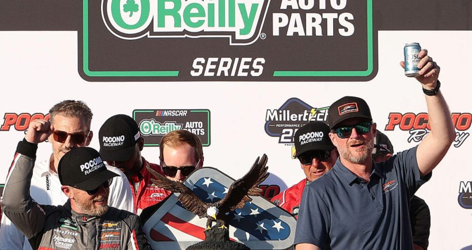 Justin Allgaier and Dale Earnhardt Jr. celebrate in Victory Lane at Pocono.