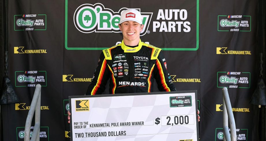 Brandon Jones celebrates after winning the pole at Pocono.
