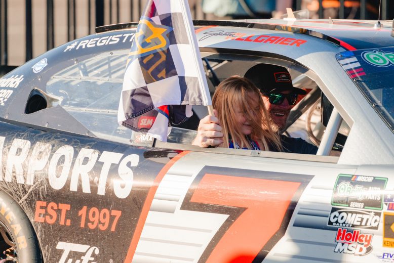 Dale Earnhardt Jr. and his daughter ride in the car.