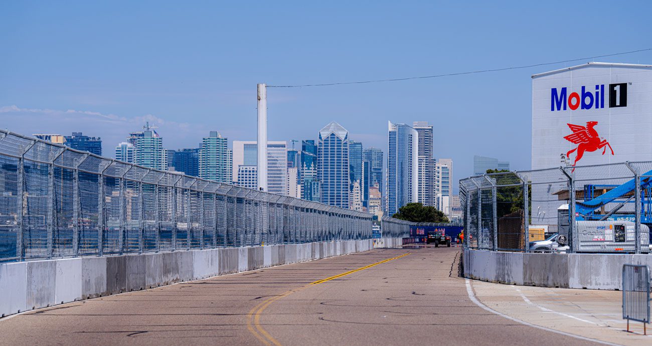 San Diego skyline sits behind the Naval Base Coronado NASCAR course.