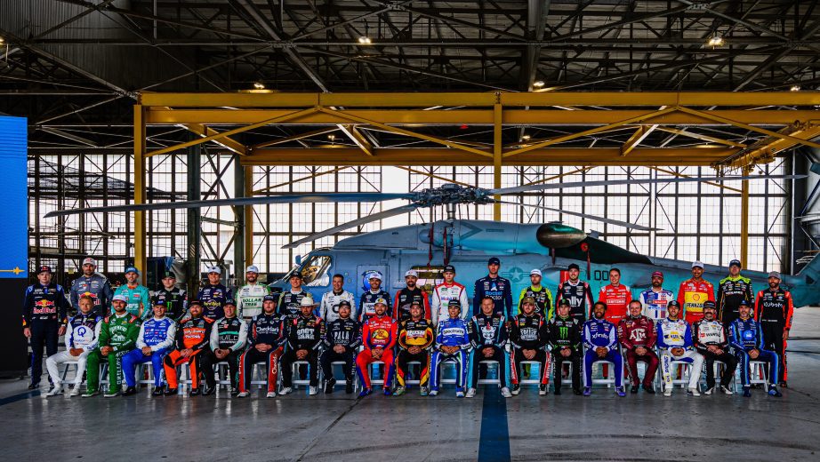 NASCAR Cup Series drivers pose for a photo at Naval Base Coronado.