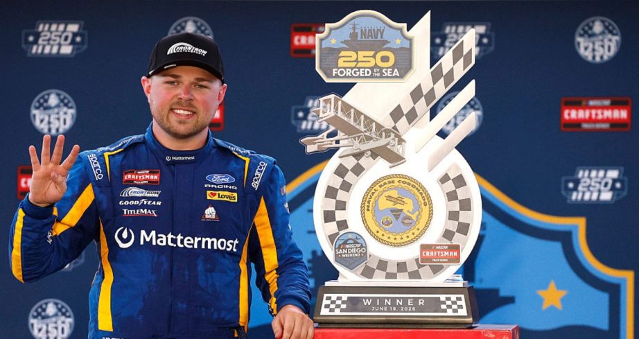 Layne Riggs celebrates in Victory Lane at Naval Base Coronado.