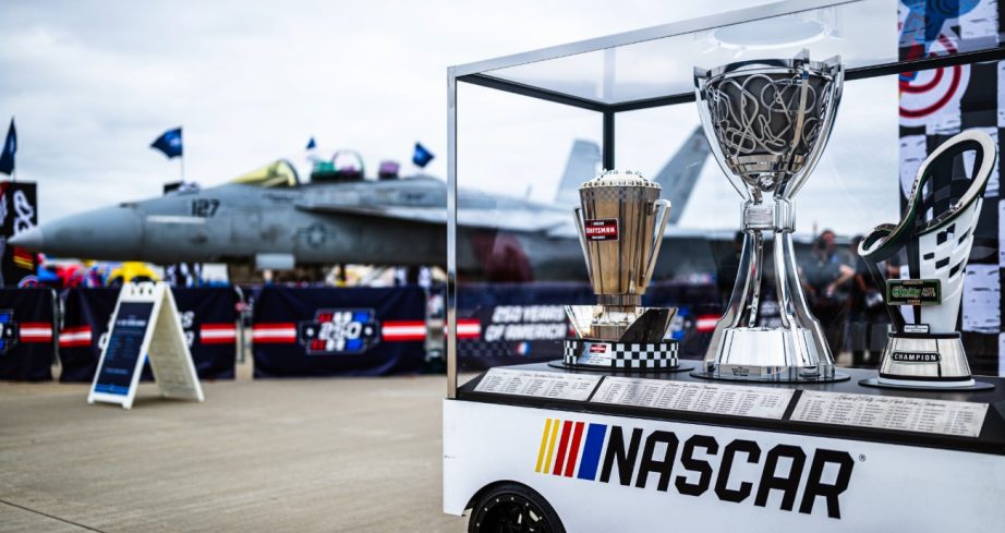 View of the NASCAR championships trophies in the garage area at Naval Base Coronado.