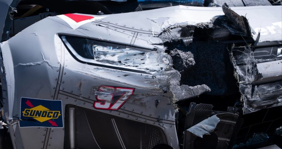 View of wrecked car.