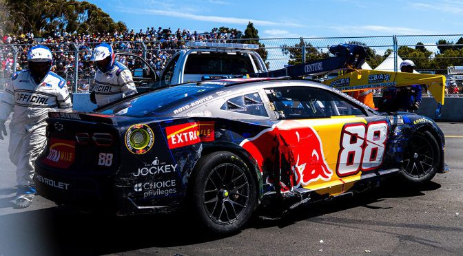 Featured image for Austin Hill puts Zilisch in wall, sparks multicar wreck during Stage 2 restart